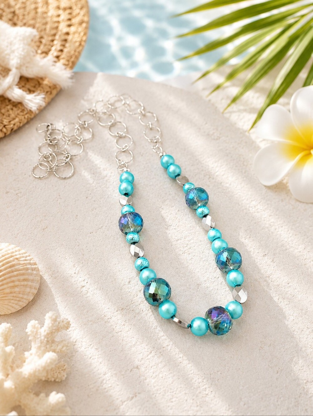Turquoise & Blue Beaded Necklace With Silver Chain - Ocean Blue Statement Piece